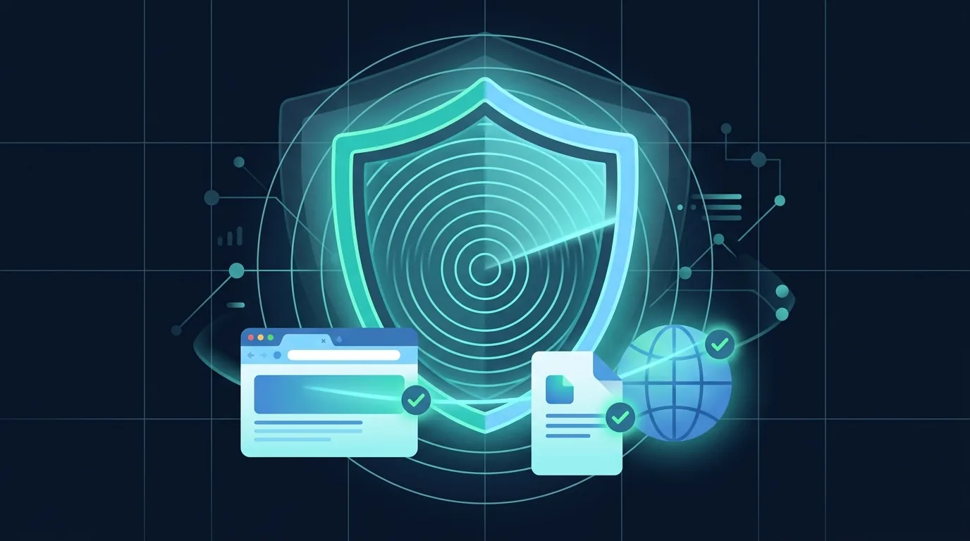 Illustration of a shield scanning a browser, a document and a globe